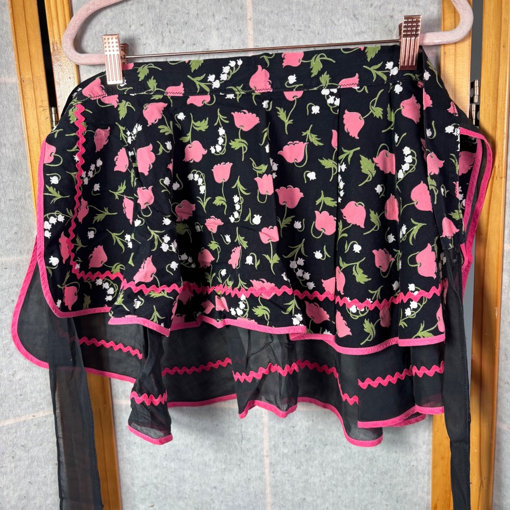 Vintage Floral Half Apron One Size Black Pink Tulip Ric Rac Sheer Layer Retro